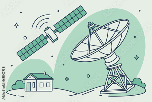 Satellite dish and satellite communicating with a house and landscape