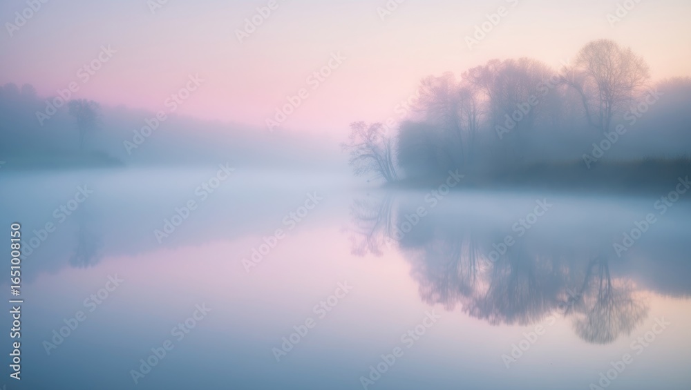 Fototapeta premium Serene river scene with mist and trees during sunrise or sunset, capturing tranquil nature and peaceful reflections.