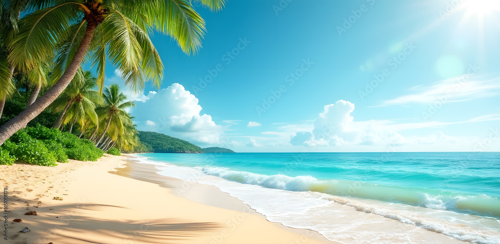 Obraz premium Tropical Paradise Beach Scene, Palm Trees and Turquoise Water
