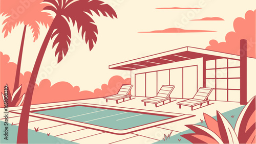 Modern villa with swimming pool and palm trees in retro style