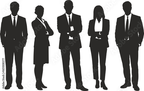 Silhouette of corporate professionals team standing in formal attire, leadership and teamwork concept, business people illustration isolated on white background