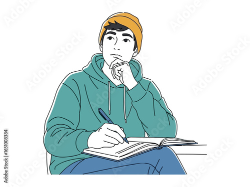 Pensiveness and Planning: An illustration capturing a young person contemplating in the act of writing, poised on the brink of a creative journey.