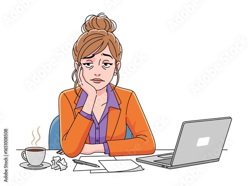 Fatigued Workday: A dejected businesswoman with tired eyes, leaning on her hand, grapples with exhaustion at her office desk.