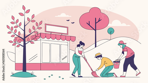 Community volunteers cleaning up the park and storefront