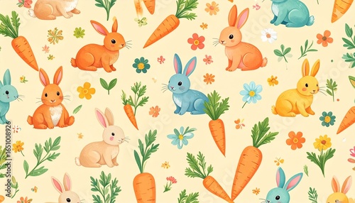 Colorful rabbits and carrots pattern design.