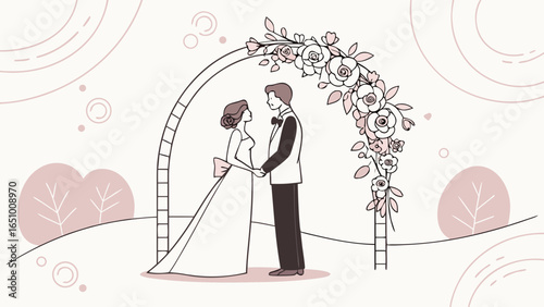 Couple holding hands under a floral wedding arch