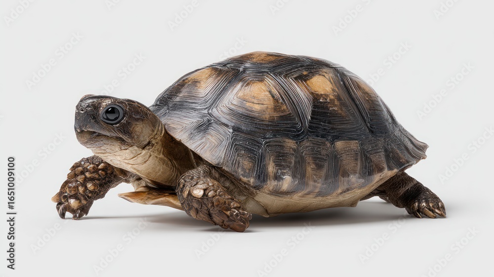 Obraz premium A small, light-brown patterned tortoise with a smooth, dark shell sits on a white surface