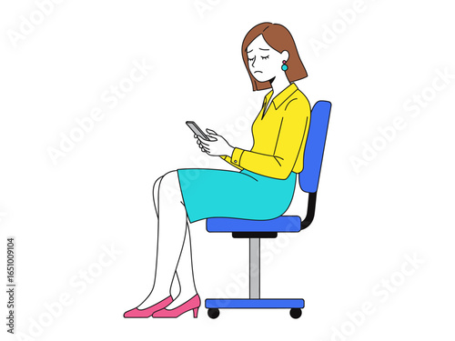 Waiting with the smartphone: An office worker sits dejectedly, fixated on her phone, lost in worry or introspection, capturing a moment of contemplation or concern.