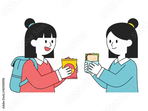 School lunch with Snack and Sandwich: A young student happily sharing their snacks, embodying the essence of friendship and the joy of school life. capturing the delight of camaraderie