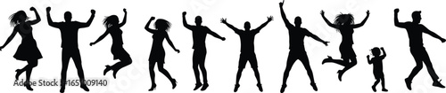 Silhouette of people jumping, celebrating, dancing in joy, energetic movement concept, group happiness, vector illustration for lifestyle, party, freedom themes