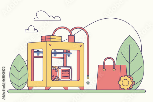 3d printer creating a product next to a shopping bag and gear
