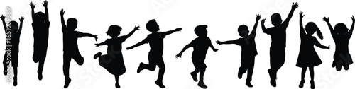 Silhouette of happy children jumping and running, group of kids playing outdoors, joyful childhood moment, fun and freedom illustration