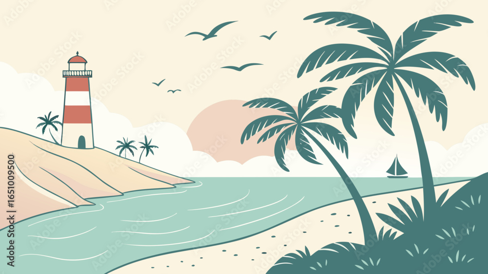 Obraz premium Coastal landscape with lighthouse palm trees and sailboat