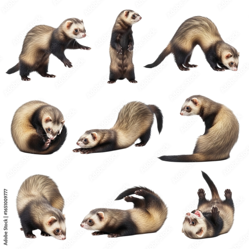 Obraz premium Nine ferret poses isolated on transparent background