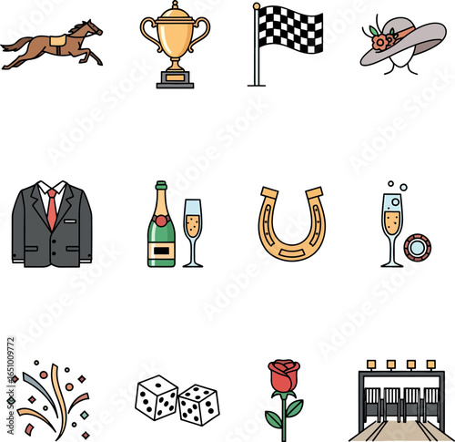 Horse Racing and Derby Day Celebration Icon Set.