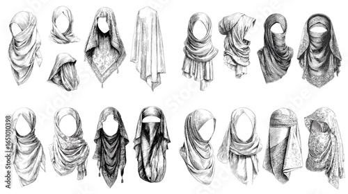 Black and white studies of headscarves and veils in diverse wraps including niqab and keffiyeh inspired looks, drawn with detailed shading. Ideal for concept boards, fashion reference, and design.