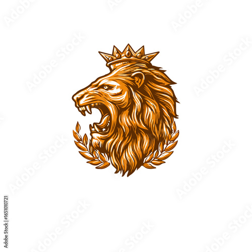 Majestic Lion Head with Crown and Laurel Wreath, Roaring Fiercely