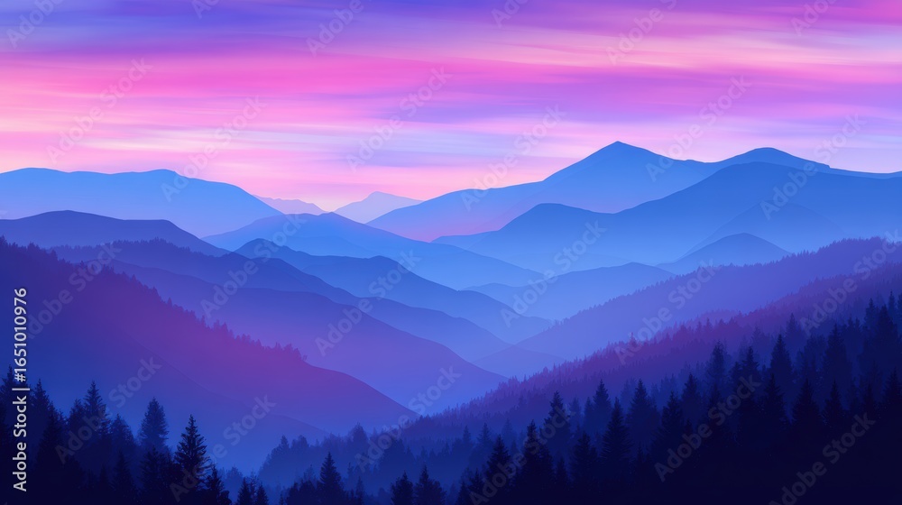 Obraz premium Serene twilight landscape showcasing layered mountains and vibrant sky with tranquil forest below