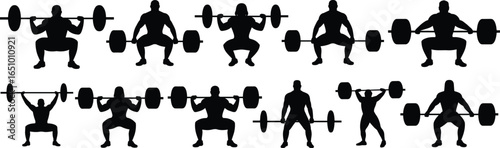 Silhouette of men and women weightlifting, barbell squats, powerlifting poses, fitness workout, strength training, gym exercise, bodybuilding silhouettes, athletic lifting action.