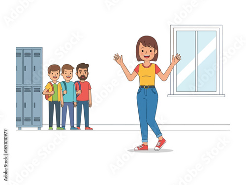 Friendly Welcome in School: A friendly teacher warmly greets her students in a bright and inviting school hallway, creating a welcoming atmosphere for the day's lessons and interactions.