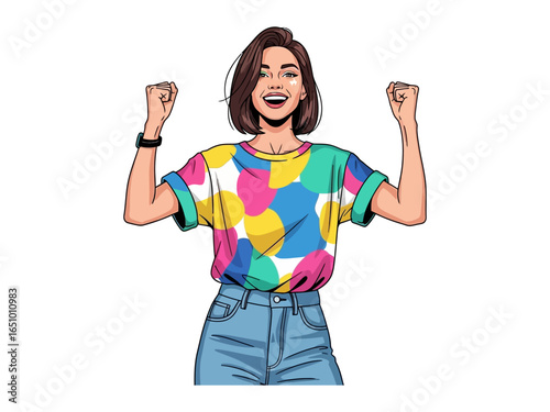 Joyful Portrait: A cheerful young woman, her face beaming with delight, celebrates with raised fists, embodying happiness and elation. 