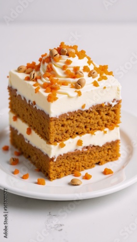 A delightful slice of carrot cake with cream and nuts on a white plate ideal for tea parties or holidays