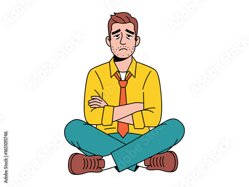 Despondent Pose: An illustrated man, a visual representation of despondency, sits with folded arms and a downward gaze, expressing dejection