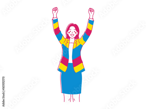 Upbeat professional celebration: A cheerful professional, exuding positivity, celebrates success. Her vibrant attire and uplifted arms reflect the joy of achieving a goal.