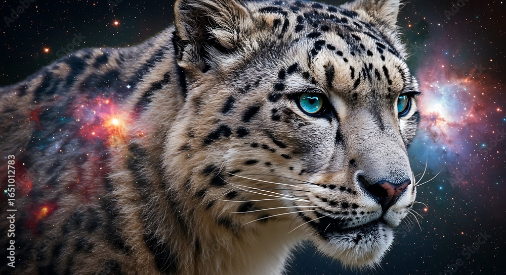 Obraz premium A close-up of a snow leopard with striking blue eyes, overlaid with a vibrant cosmic nebula effect on its fur, creating a surreal and artistic image.