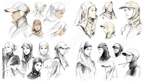 Sketch studies of modest sports headwear showing hijab and cap combinations with side profiles and fabric drape. Great for concept boards, activewear design, and editorial references.