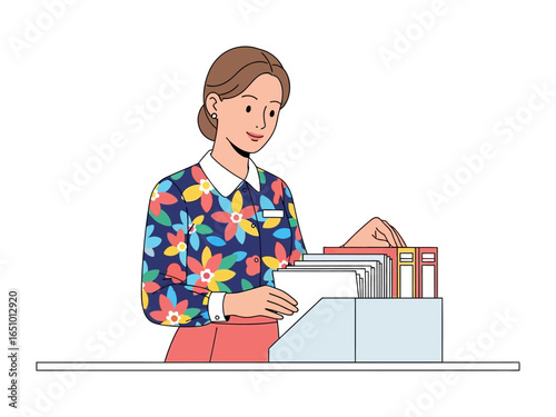Efficient Office Worker: A focused individual in vibrant attire navigates a collection of documents at their desk, embodying efficiency and attention to detail. 