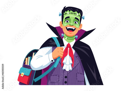 The Friendly Monster Ready For School: A cheerful young individual is depicted in a Frankenstein-inspired attire, fully prepared for school, backpack in tow, smiling to embrace the day.