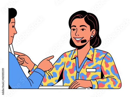 Business Communication: A dynamic illustration captures the essence of interpersonal communication in a professional environment. A professional figure, adorned with a headset.