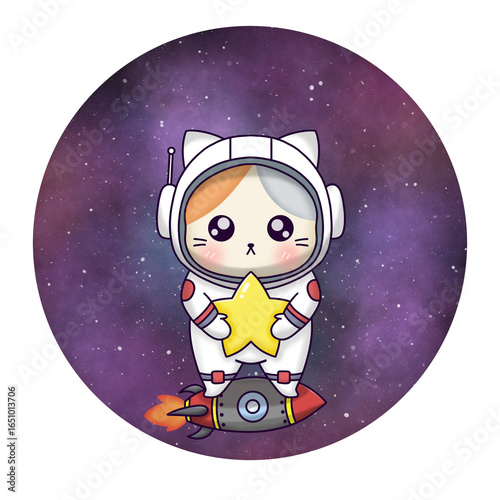 Cute astronaut cat holding a star.
