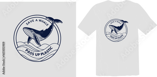 A vintage-style logo featuring a whale jumping out of the water with the text "Save a Whale Pass Up Plastic."