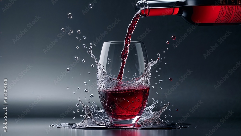 Fototapeta premium Red wine being poured into a clear glass, creating a splash with bubbles, set against a dark background.