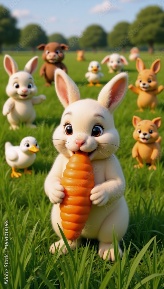 Naklejka premium A 3D cartoon bunny happily munching on an orange carrot amidst lush greenery and farm friends ideal for kids illustrations