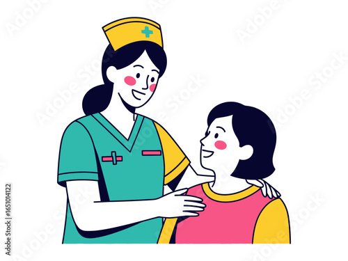 Empathetic Nurse: An illustrated nurse, in a medical setting, warmly comforts a patient, fostering a sense of trust and compassion in healthcare.