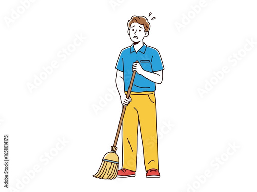 Man with a Broom: A man stands with a broom, portraying the essence of cleanliness, embodying the spirit of tidiness and the importance of order. 