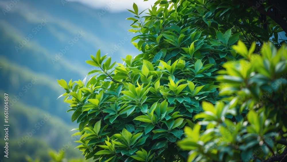 Fototapeta premium A lush green plant with vibrant leaves set against a blurry natural background.