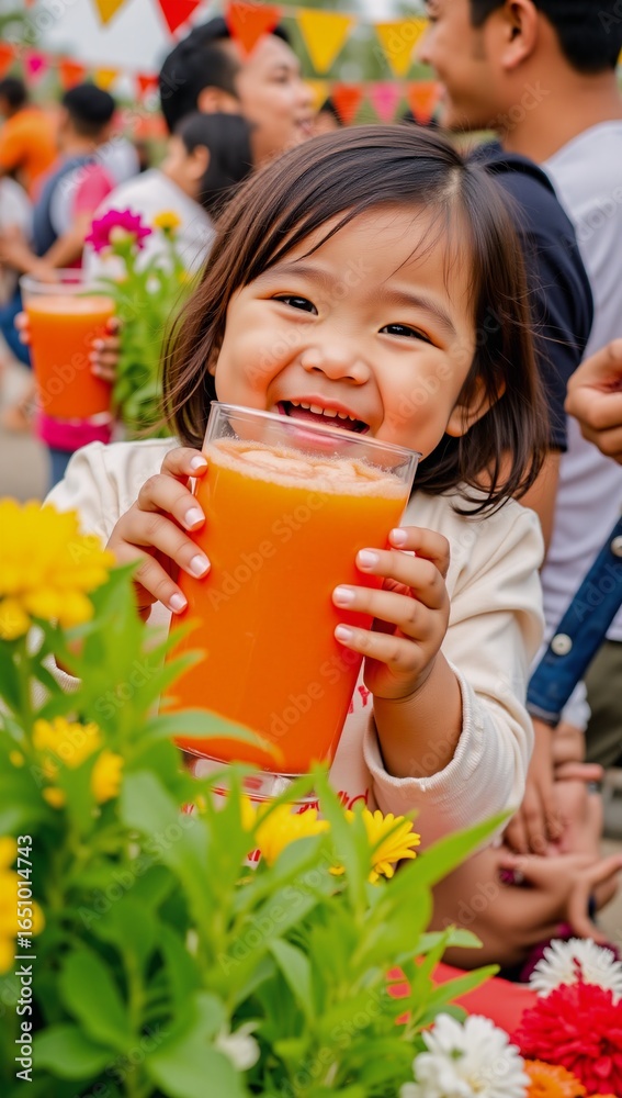 Fototapeta premium A cute child enjoying fresh carrot juice outdoors during World Carrot Vegan and Vegetarian Day celebrations