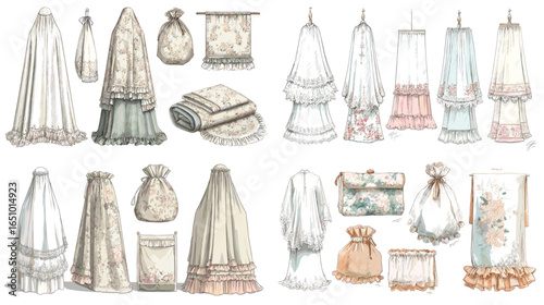 Delicate sketches of canopies, curtains, valances, and storage bags with ruffles, lace, and floral prints in soft pastels. Perfect for decor branding, packaging, sewing guides, and craft projects.
