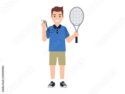 Tennis Coach Ready for Action: An enthusiastic tennis coach, exuding confidence, holds a racquet and whistle, embodying guidance, expertise, and inspiration for tennis athletes. 