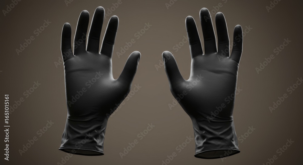 Obraz premium Black Latex Gloves: Protection and Hygiene - Essential safety gear, symbolizing cleanliness, protection, medical care, food safety, and hygiene. Perfect for various tasks
