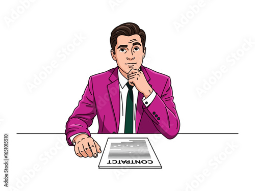 Contractual Contemplation: A sharp-dressed individual, deep in thought, contemplates a contract, embodying the weight of decisions and the anticipation of agreement.
