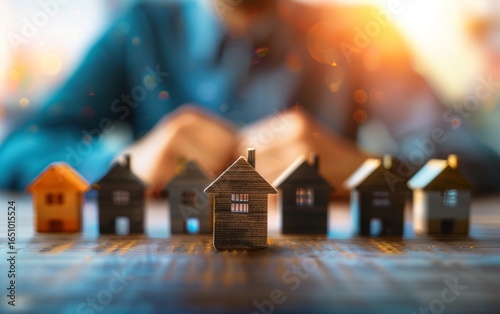 A close-up of miniature houses on a table, with a person in the background, symbolizing real estate investment and housing choices.