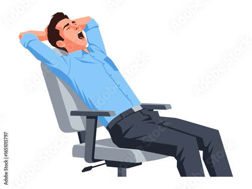 Tired and Relaxed: An office worker enjoys a moment of ease, yawning with his hands behind his head, embodying tranquility and taking a short respite from his work