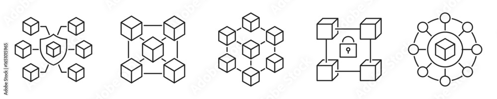 Obraz premium Blockchain technology icon set. Decentralization, security, immutability, crypto, currency, block, chain - stock vector.