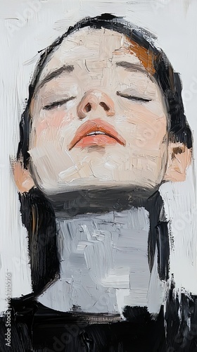 This vibrant abstract portrait painting uses bold brushstrokes in a mosaic style to depict a woman's face in varying shades of black, white, and beige.
