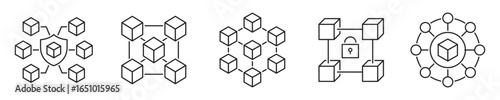 Blockchain technology icon set. Decentralization, security, immutability, crypto, currency, block, chain - stock vector.
